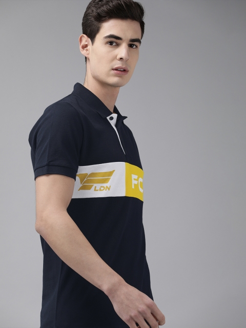 

French Connection Men Navy Blue & Mustard Yellow Printed Polo Collar T-shirt