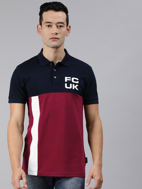 

French Connection Men Navy Blue & Maroon Colourblocked Polo Collar T-shirt