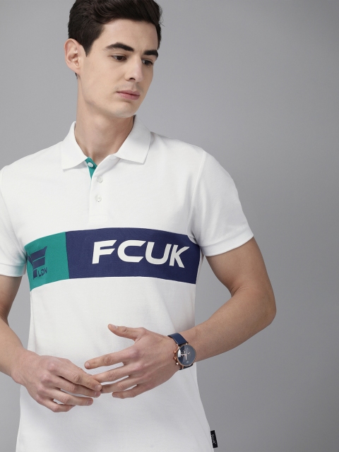 

French Connection Men White & Navy Blue Printed Polo Collar T-shirt