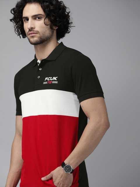 

French Connection Men Black & Red Colourblocked Polo Collar T-shirt