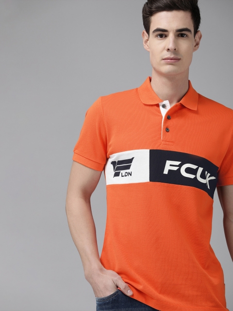 

French Connection Men Coral Orange & Black Printed Polo Collar T-shirt