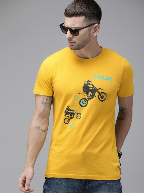 

French Connection Men Mustard Yellow Slim Fit Graphic Printed Round Neck Pure Cotton T-shirt