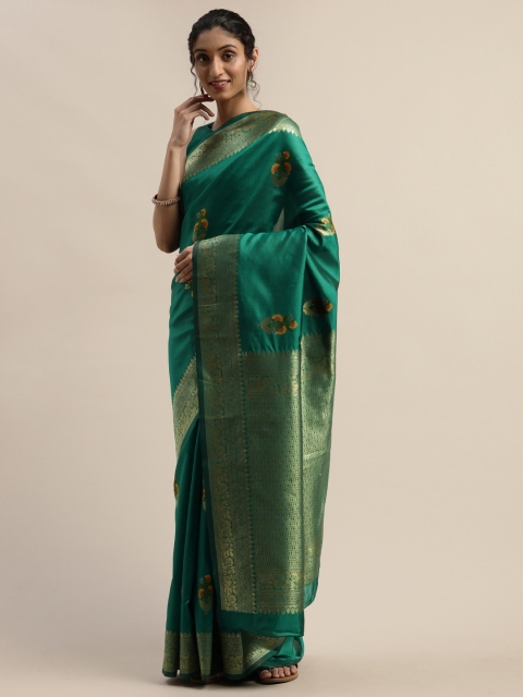

Varanga Teal & Gold-Toned Silk Blend Woven Design Kanjeevaram Saree