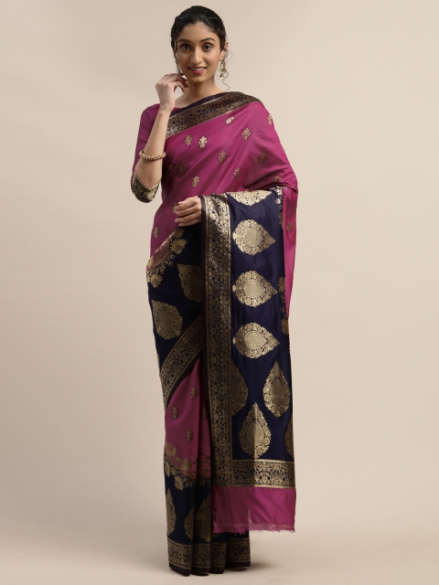 

Varanga Magenta Pink & Gold-Toned Silk Blend Woven Design Kanjeevaram Saree