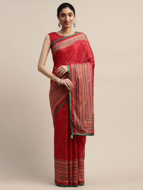 

Varanga Red & Green Printed Mirror Work Saree
