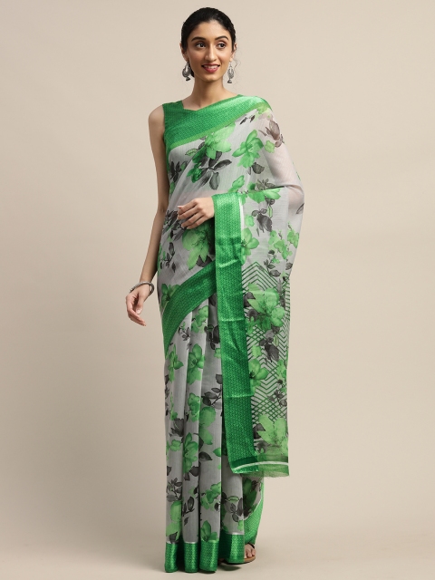 

Varanga Grey & Green Linen Blend Floral Printed Saree