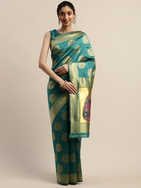

Varanga Teal Blue & Gold-Toned Silk Blend Woven Design Kanjeevaram Saree