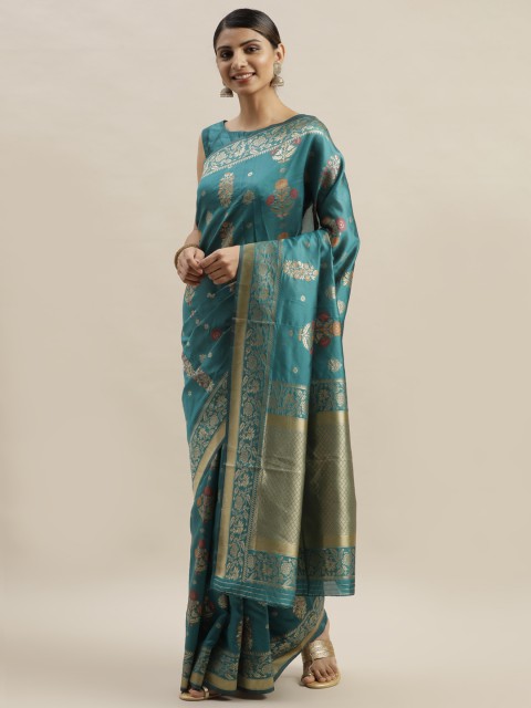 

Varanga Teal Green & Gold-Toned Silk Blend Woven Design Kanjeevaram Saree