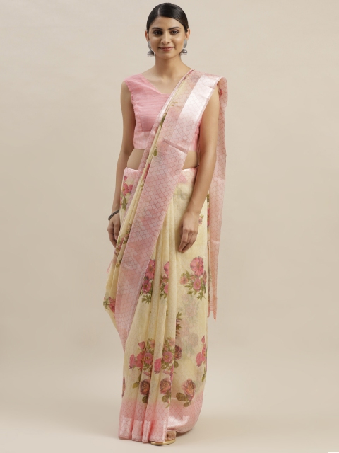 

Varanga Off-White & Pink Floral Printed Saree