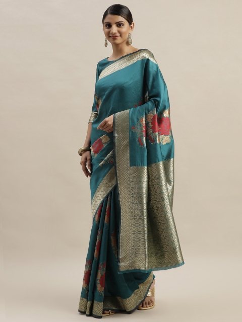 

Varanga Teal Green & Gold-Toned Silk Blend Printed Kanjeevaram Saree