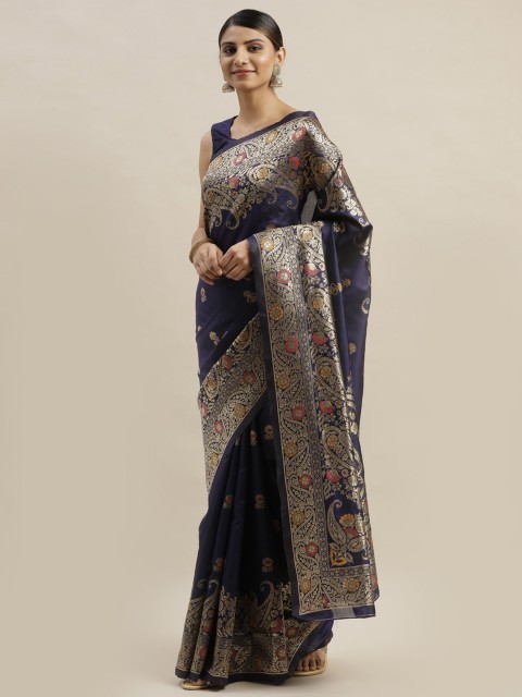 

Varanga Navy Blue & Gold-Toned Woven Design Kanjeevaram Saree