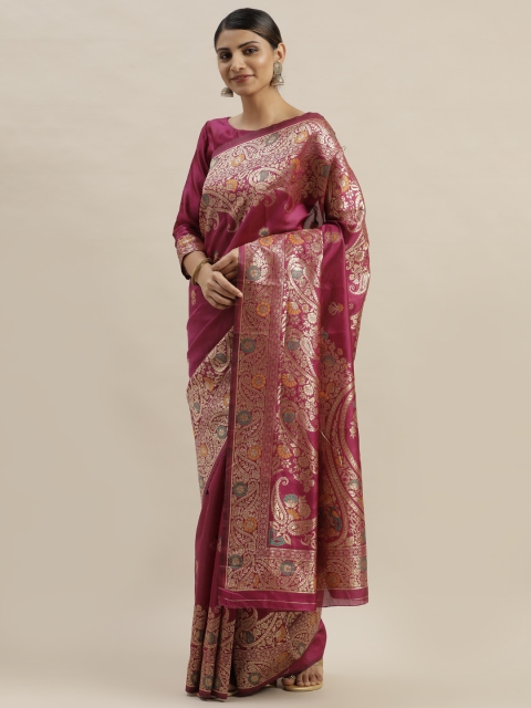 

Varanga Magenta & Gold-Toned Silk Blend Woven Design Kanjeevaram Saree