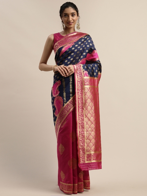 

Varanga Navy Blue & Pink Woven Design Kanjeevaram Half & Half Saree