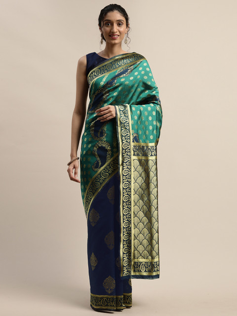 

Varanga Blue & Gold-Toned Silk Blend Woven Design Kanjeevaram Saree