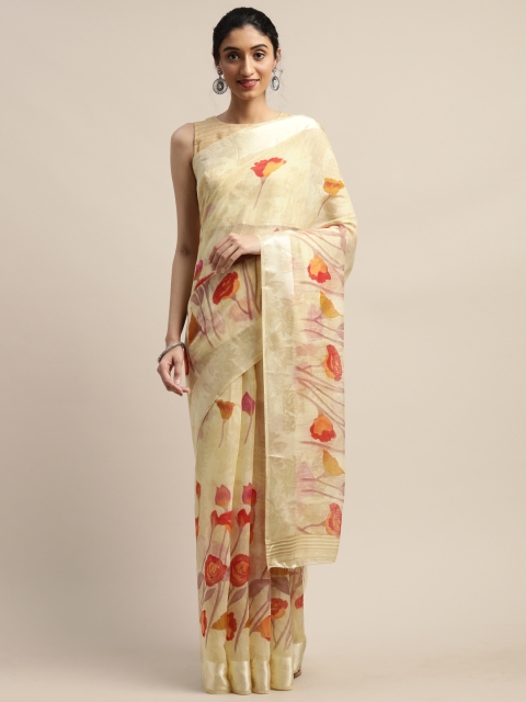 

Varanga Cream-Coloured & Red Floral Printed Saree