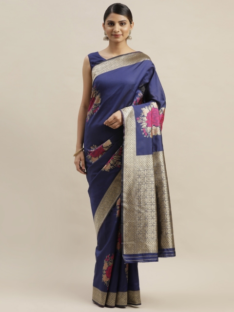 

Varanga Blue & Pink Silk Blend Printed Kanjeevaram Saree