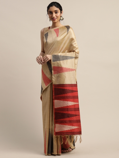 

Varanga Beige & Red Solid Kanjeevaram Saree