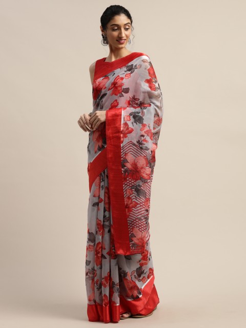 

Varanga Grey & Red Floral Printed Saree