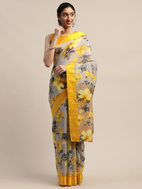 

Varanga Grey & Yellow Linen Blend Floral Printed Saree
