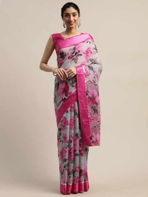 

Varanga Grey & Pink Linen Blend Floral Printed Saree