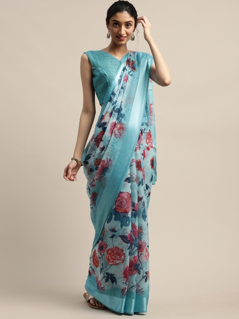 

Varanga Teal Blue & Pink Linen Blend Floral Printed Saree