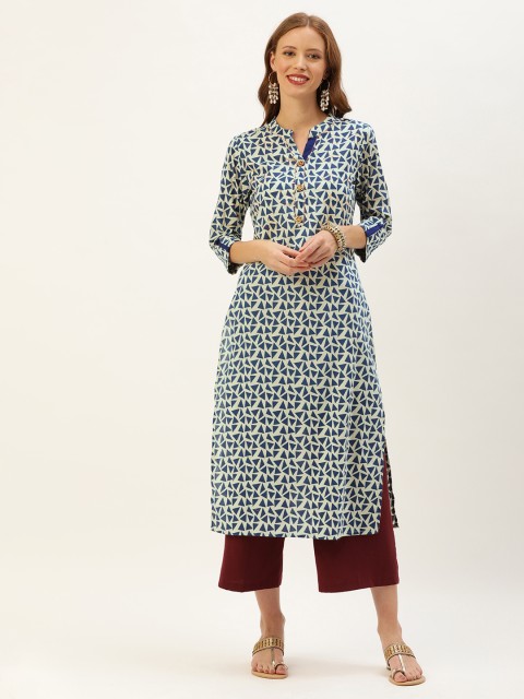 

Rajnandini Women Off-White & Blue Printed Straight Kurta