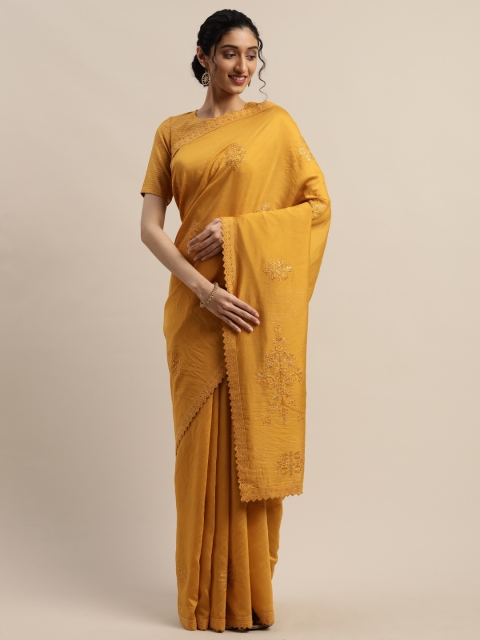 

panchhi Mustard Yellow Embroidered Chanderi Saree