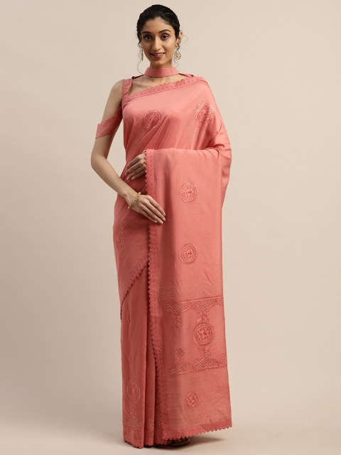 

panchhi Coral Pink Embroidered Chanderi Saree