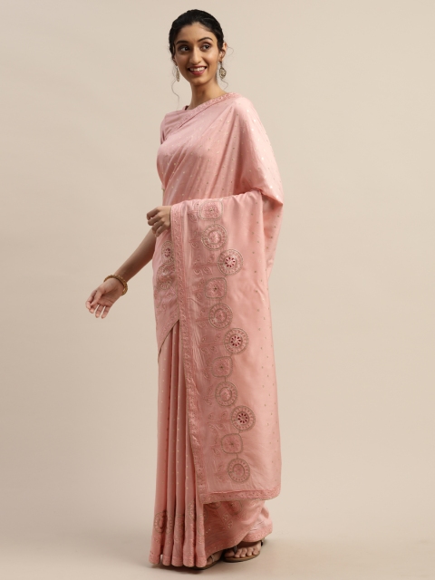 

panchhi Pink & Gold-Toned Embroidered Chanderi Saree
