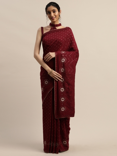 

panchhi Burgundy Nylon Embroidered Chanderi Saree