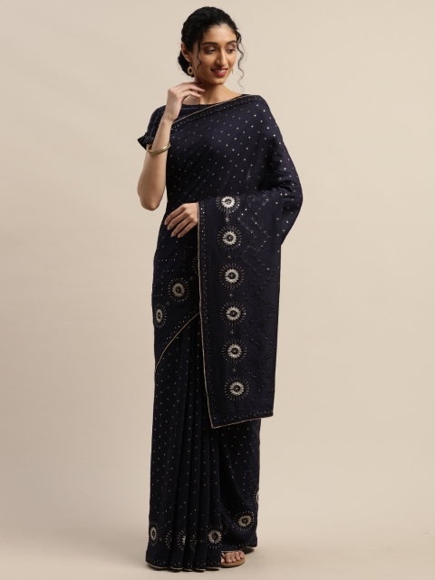 

panchhi Navy Blue Nylon Embroidered Chanderi Saree