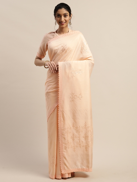 

panchhi Peach-Coloured Embroidered Chanderi Saree