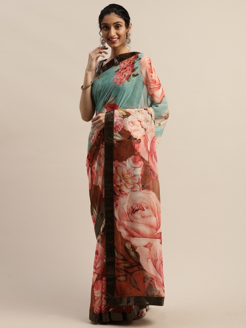 

panchhi Sea Green & Pink Pure Chiffon Floral Printed Saree