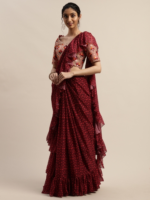 

panchhi Maroon Printed Pure Chiffon Ruffle Saree