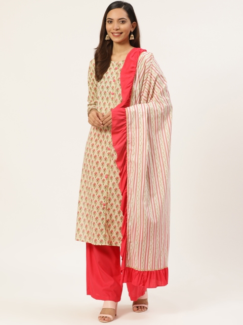 

Vasudha Women Beige & Pink Printed Kurta with Palazzos & Dupatta