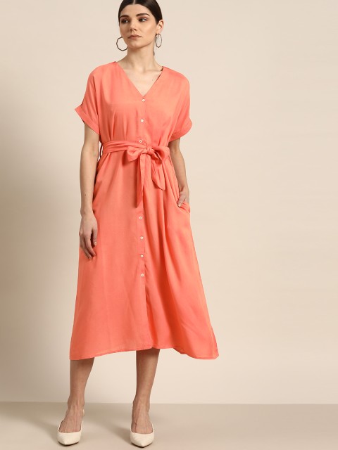 

her by invictus Women Peach-Coloured Solid A-Line Dress & Belt