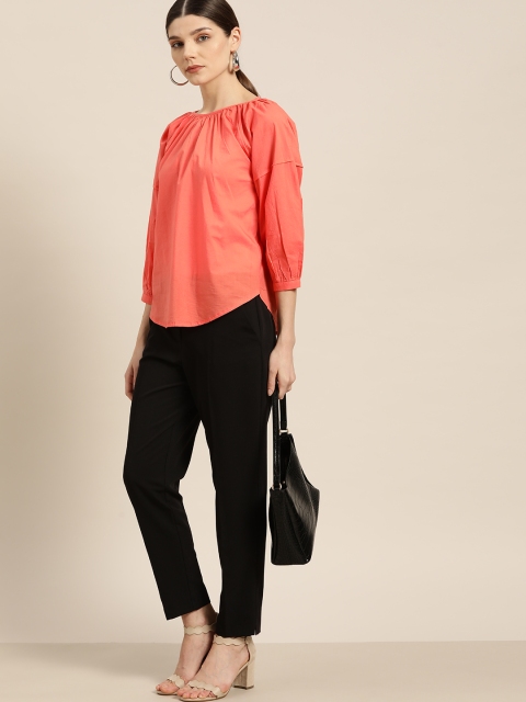 

her by invictus Peach-Coloured Puff Sleeves Pure Cotton Regular Top