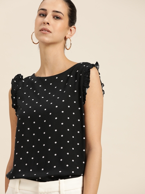

her by invictus Black & White Sustainable ECOVERO Polka Dots Print Ruffles Regular Top