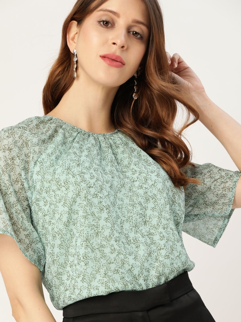 

her by invictus Green & Charcoal Grey Printed Geometric Regular Top