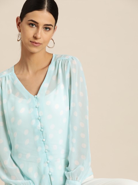 

her by invictus Blue & White Semi-Sheer Polka Dots Print Top