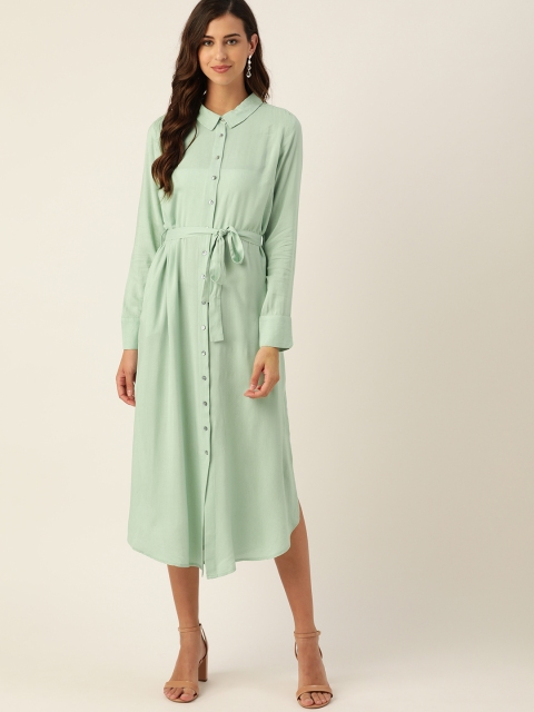 

her by invictus Women Green & White Striped Sustainable Ecovero Shirt Style Dress