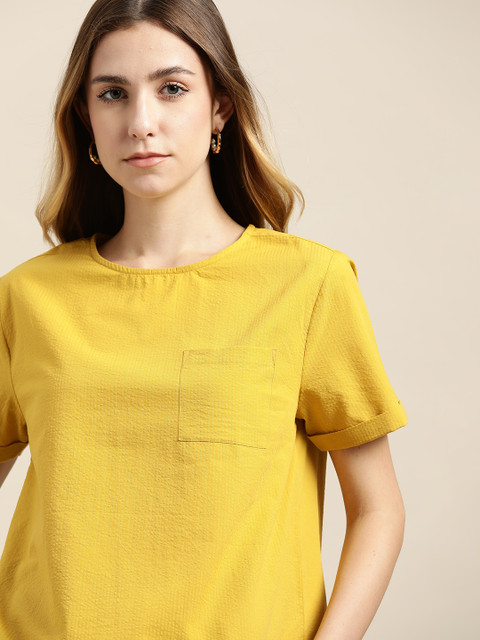 

her by invictus Mustard Yellow Solid Cotton Regular Top
