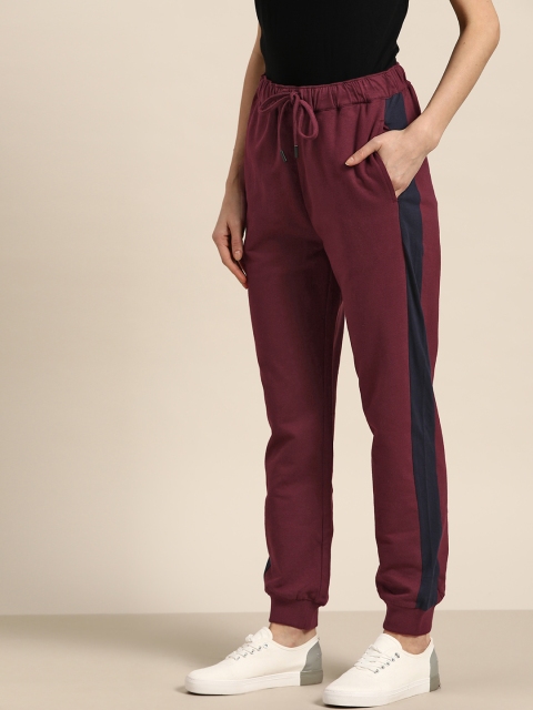 

her by invictus Women Burgundy Solid Pure Cotton Straight Fit Joggers