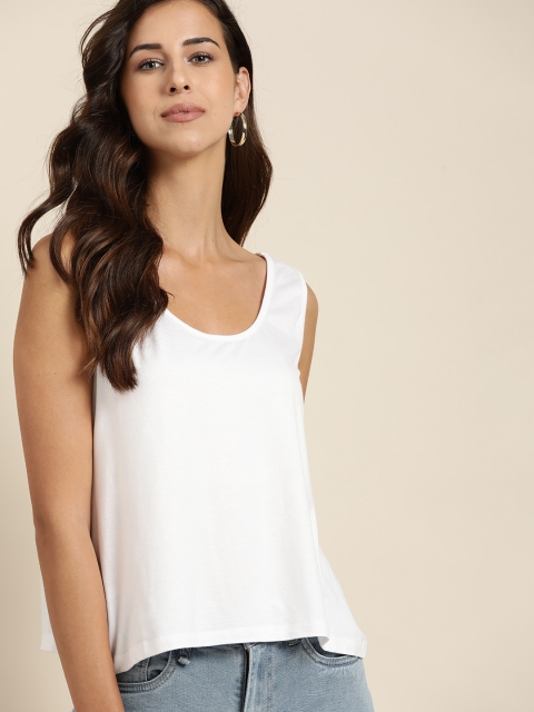 

her by invictus White Pure Cotton Solid Scoop Neck Top