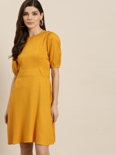 

her by invictus Women Mustard Yellow Solid A-Line Dress