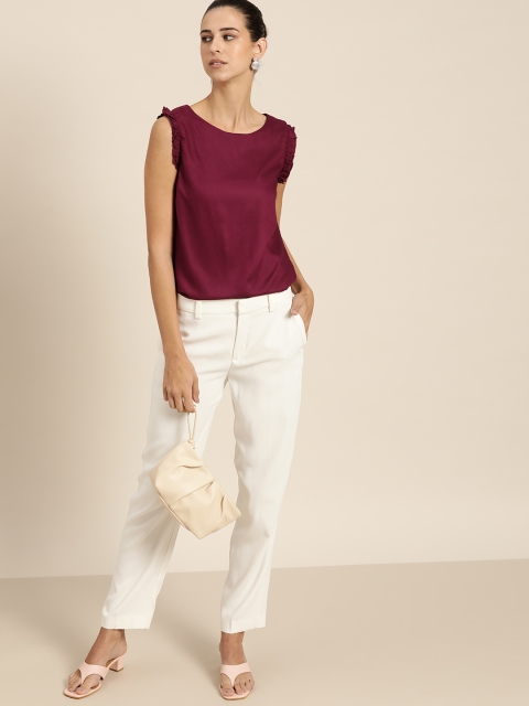 

her by invictus Maroon Solid Ruffles Regular Top