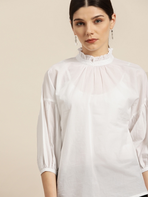 

her by invictus White Puff Sleeves Pure Cotton Regular Top