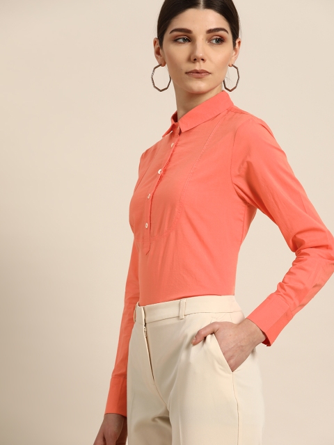 

her by invictus Women Coral Orange Pure Cotton Shirt Style Top