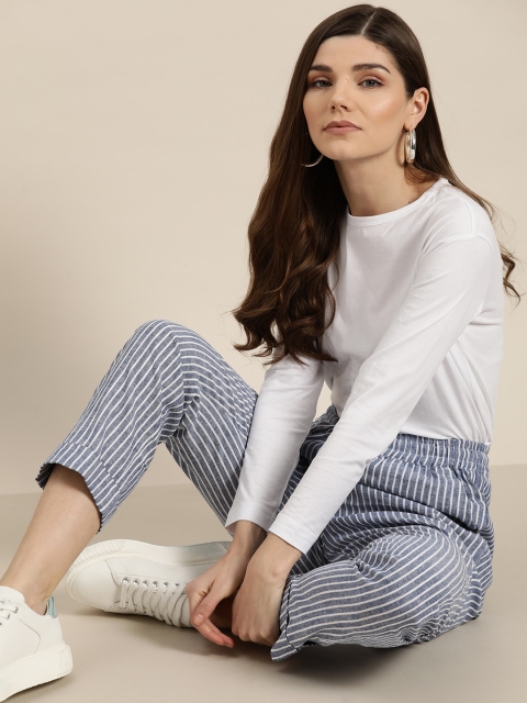 

her by invictus Women Navy Blue & White Pure Cotton Striped Regular Trousers