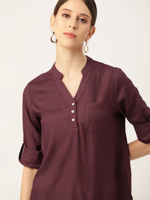 

her by invictus Burgundy Mandarin Collar Regular Top